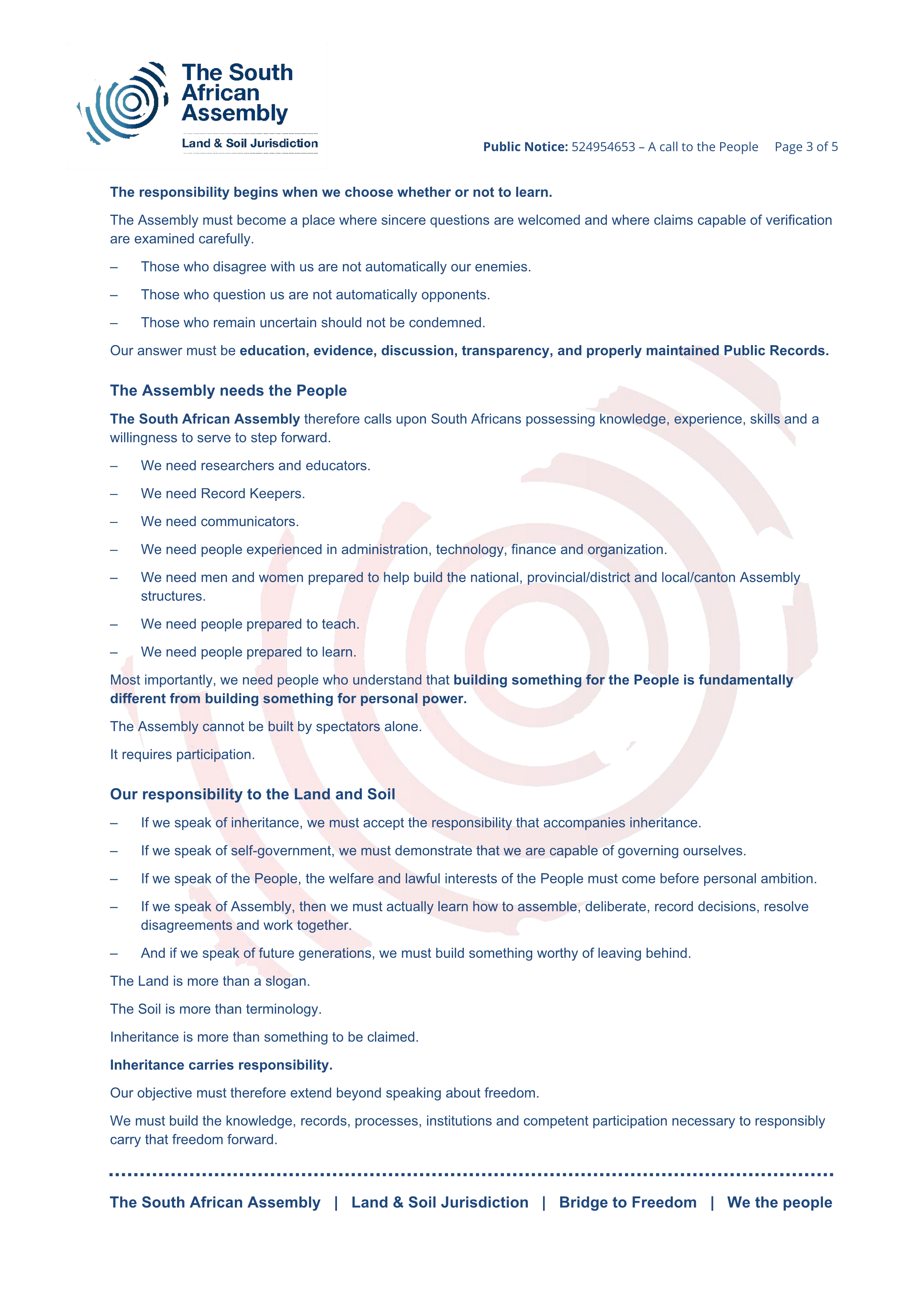 Public notice The South African Assembly Recording number 524954653 - A Call to the People